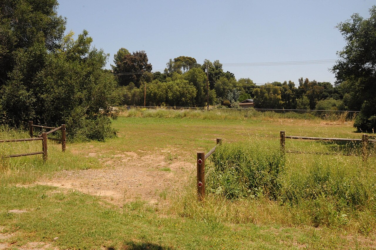 A grassy clearing, wooden rail fence, and trees at Felicita County Park.